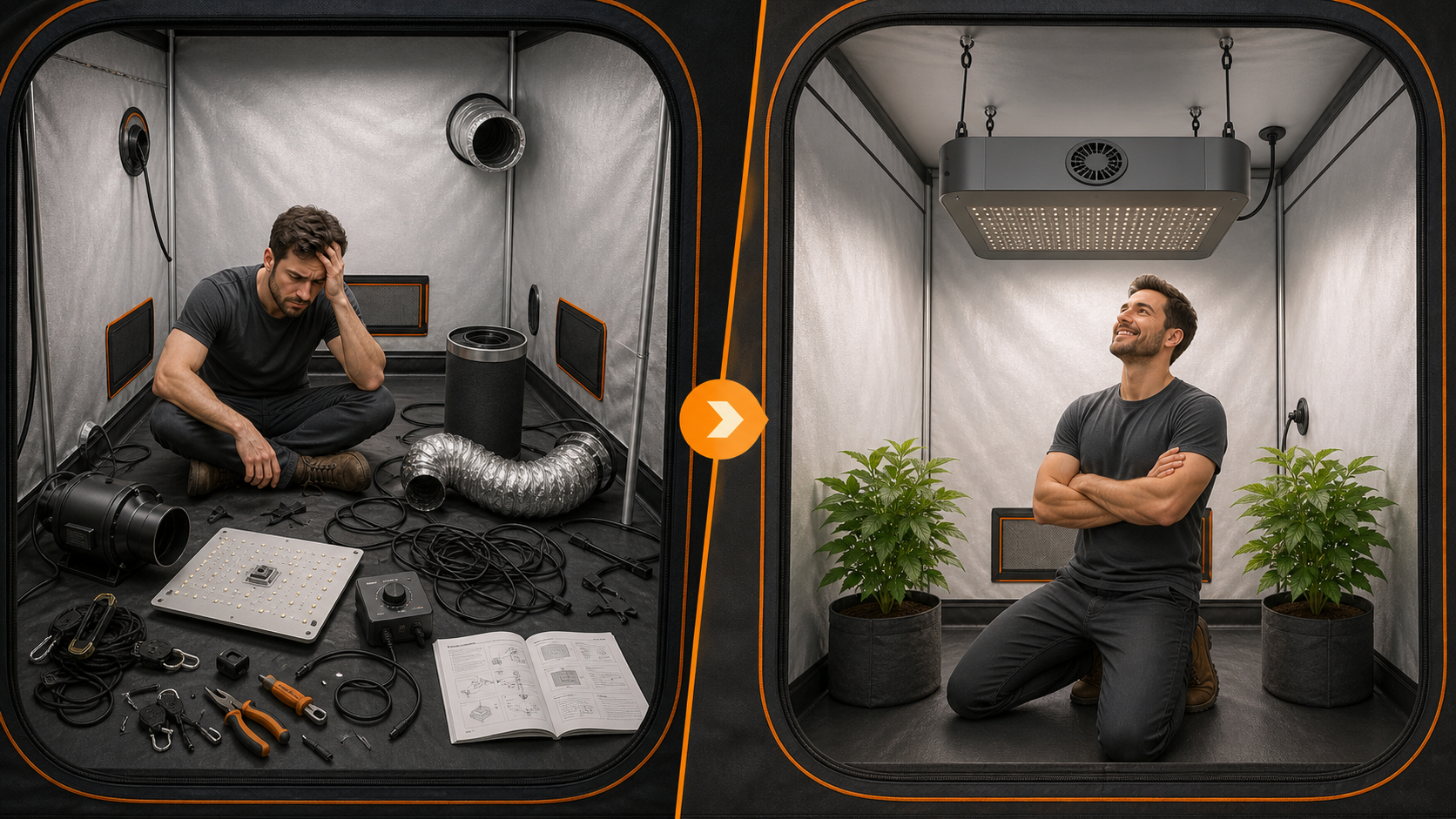 Traditional grow tent installation compared with faster OneTent setup