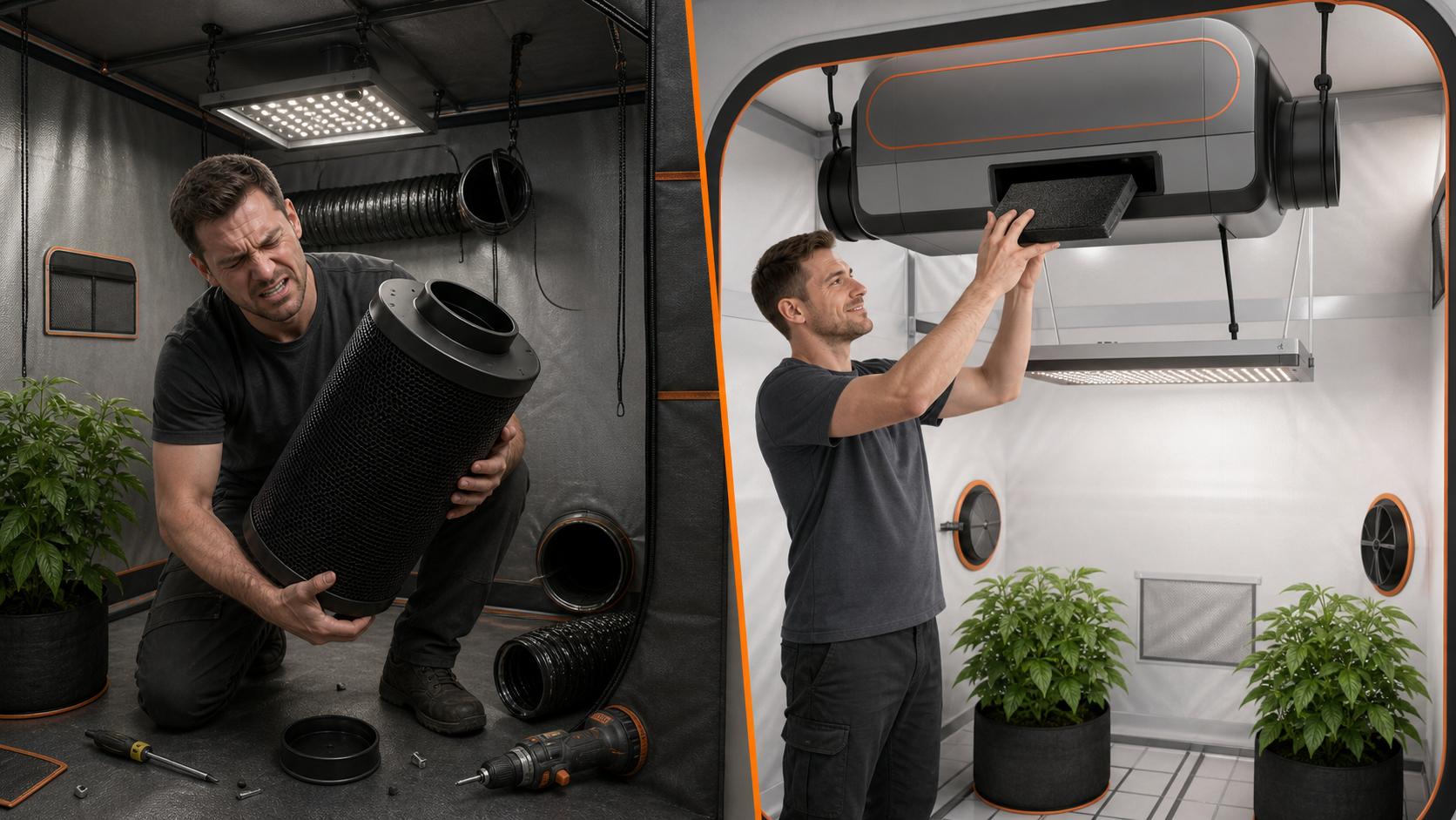 Traditional carbon filter replacement compared with OneTent small carbon pack maintenance