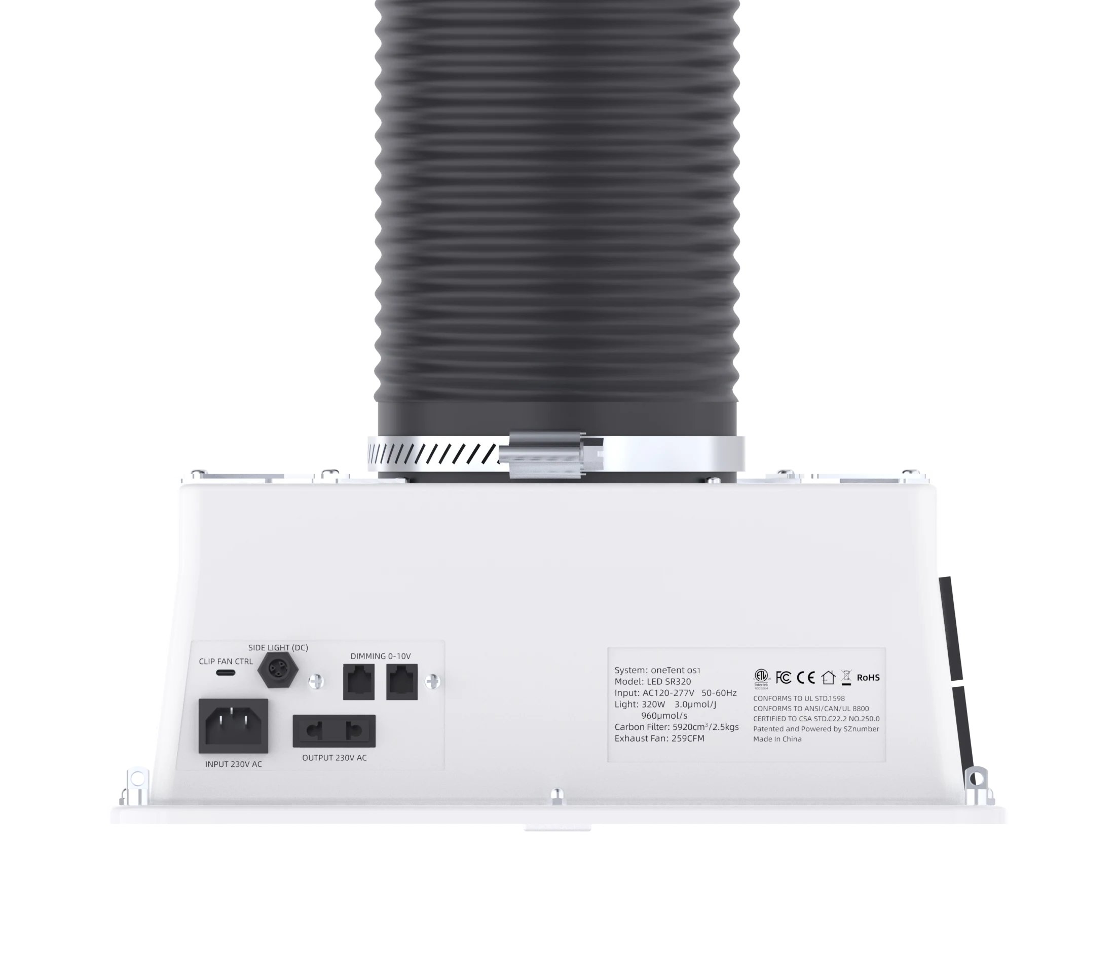 New OneTent 320W side render showing the consolidated connection area